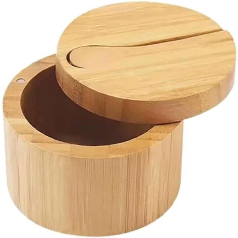 Farmhouse Wooden Salt Cellar with Swivel Lid Spoon Round Spice Box Kitchen Jar